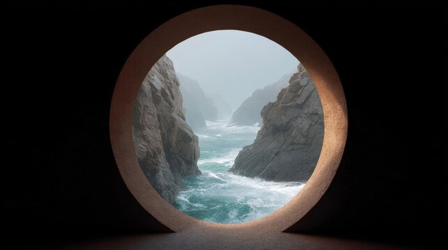 Fototapeta Circular window with a view of the ocean through it. the window is set in a dark room with a concrete floor. through the window, we can see a rocky coastline with waves crashing against the rocks.