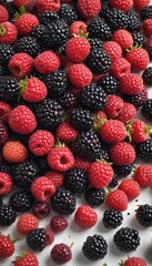 Fototapeta premium A vibrant cluster of blackberries and raspberries, showcasing their contrasting colors and textures against a pure white backdrop , summer, natural