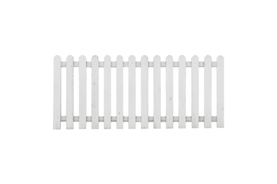 White wooden picket fence is isolated.