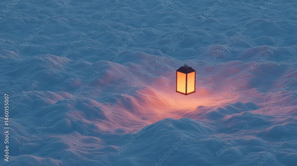 Poster digital illustration of a lantern floating above the clouds. the lantern is orange in color and appe