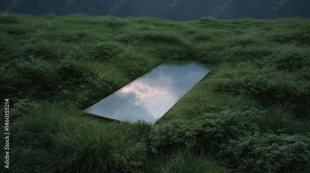 Poster rectangular mirror lying on a grassy hillside. the mirror is reflecting the sky and clouds, creating