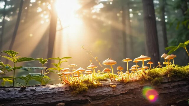 Forest floor mushrooms illuminated by sunlight