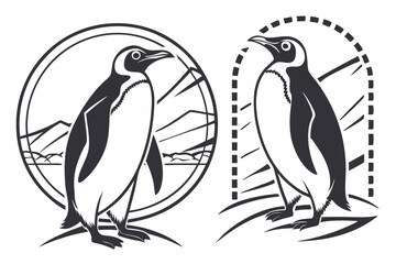 93 Penguin silhouettes, black and white illustration, graphic design, minimalist art, emperor penguins, symmetrical composition, vector graphics, wildlife icons, Antarctic animals, standing poses, sid