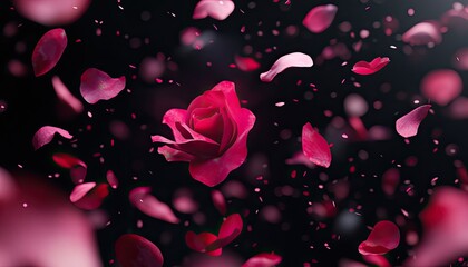 Rose petals falling in motion.  A vibrant red rose surrounded by many pink petals falling in a graceful dance against a dark background.  The effect is dynamic and romantic