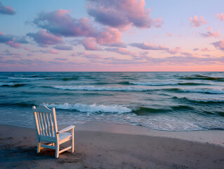 A single chair facing the ocean at dusk soft wave