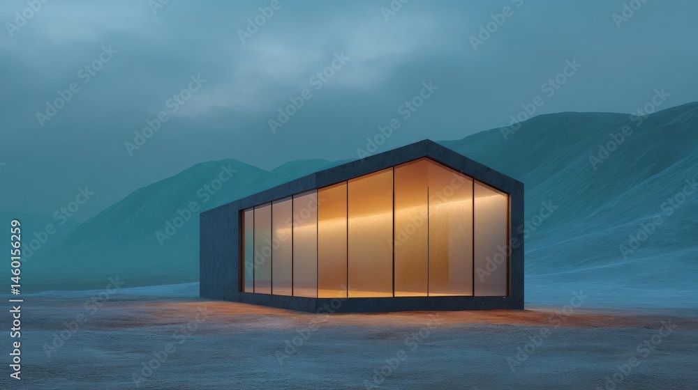 Poster small, modern building with a triangular roof and large windows. the building is located in the midd