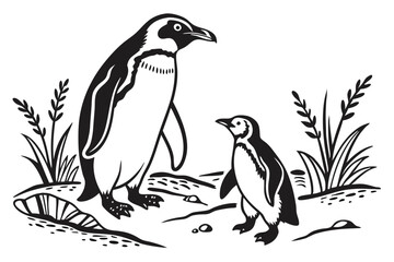 Naklejka premium 93 Penguin silhouettes, black and white illustration, graphic design, minimalist art, emperor penguins, symmetrical composition, vector graphics, wildlife icons, Antarctic animals, standing poses, sid