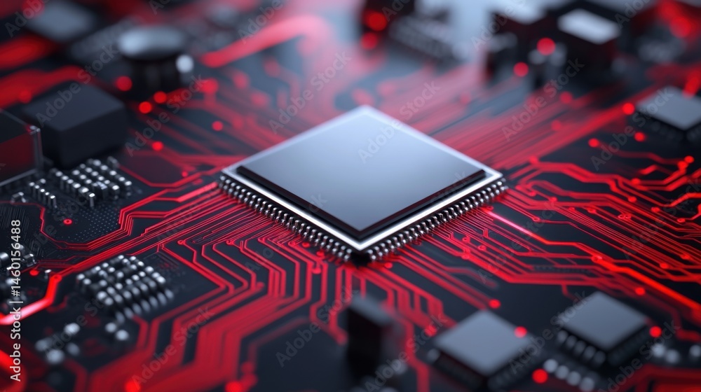 Poster close-up of a modern microchip on a red circuit board with details