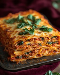 Delicious layered lasagna dish with melted cheese and herbs.