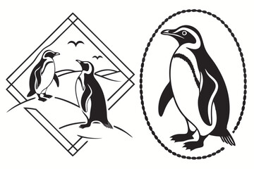 93 Penguin silhouettes, black and white illustration, graphic design, minimalist art, emperor penguins, symmetrical composition, vector graphics, wildlife icons, Antarctic animals, standing poses, sid