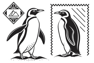 93 Penguin silhouettes, black and white illustration, graphic design, minimalist art, emperor penguins, symmetrical composition, vector graphics, wildlife icons, Antarctic animals, standing poses, sid