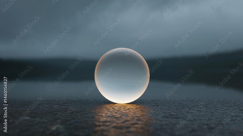 Poster close-up of a spherical object, which appears to be a sphere, floating on the surface of a body of w