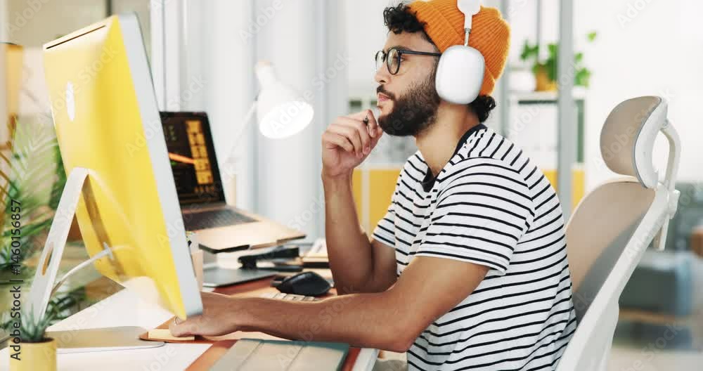 Poster man, headphones and notebook by computer in home, writing and online course for stock market trading