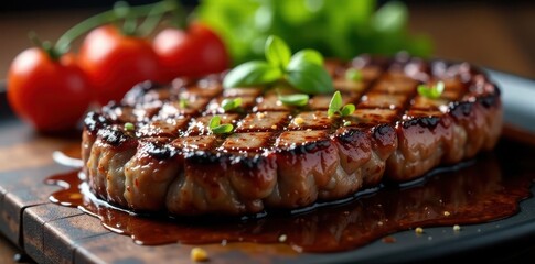 Perfectly grilled beef steak, juicy and seared, carnivore, food photography, barbecue