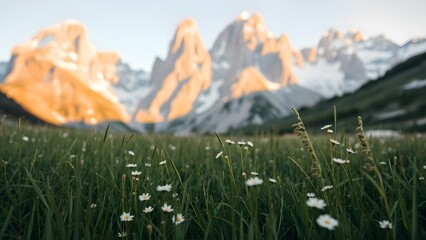 "Cinematic nature photography of a tranquil meadow framed by towering alpine peaks, dotted with white wildflowers and glowing in the soft light of golden hour, evoking an ethereal and peaceful mood."