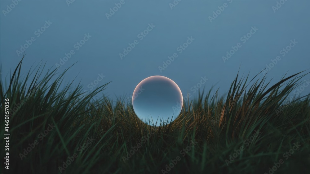 Poster single sphere in the middle of a grassy field. the sphere is spherical and appears to be floating in
