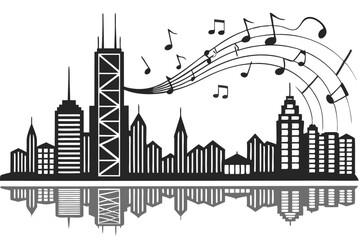 94 Sound wave cityscape, musical notes, black and white, minimalist, abstract, audio visualization, urban skyline, reflection in water, geometric shapes, rhythm illustration, music landscape, audio sp