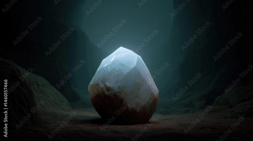 Poster large, crystal-like object in the center of a dark cave. the object appears to be a sphere or a sphe