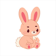 Cute pink cartoon bunny character – hand-drawn baby rabbit with fluffy tail and big ears, perfect for kids designs, nursery decor, greeting cards, stickers, Easter art, and kawaii animal illustrations