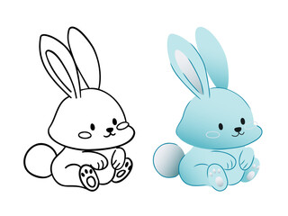 Character set - blue and line images of a rabbit with a fluffy tail and big ears, perfect for children's drawings, coloring, stickers, children's room decor and creative educational projects.
