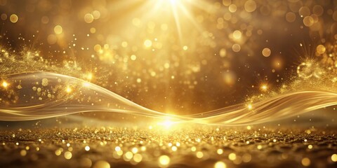 A Luxurious Golden Background with Glimmering Lights, Sparkling Dust, and a Smooth Curving Line
