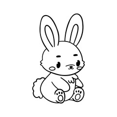 Cute bunny line art coloring illustration – hand-drawn baby rabbit outline with fluffy tail and big ears, perfect for kids activity pages, printable coloring books, worksheets, and creative learning 