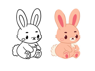 Obraz premium Character set - pink and line images of a rabbit with a fluffy tail and big ears, perfect for children's drawings, coloring, stickers, children's room decor and creative educational projects.