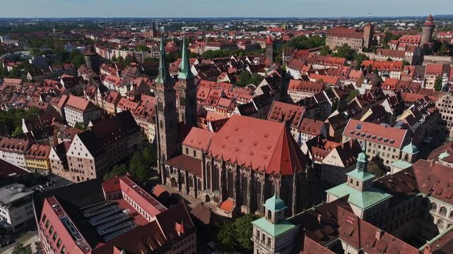 Aerial drone view of St. Sebald Church (Sebalduskirche) in N&uuml;rnberg, Germany