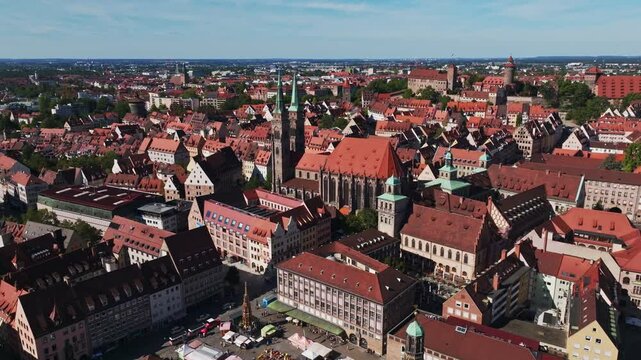 Aerial drone view of St. Sebald Church (Sebalduskirche) in N&uuml;rnberg, Germany