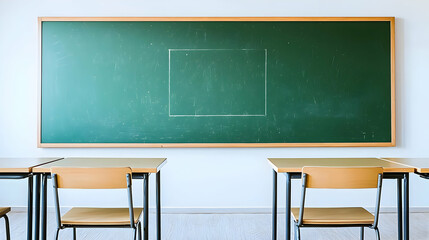 Empty Classroom With Green Board And Wooden Furniture