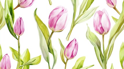 Watercolor Seamless Pattern: Delicate Pink Tulips and Lush Greenery