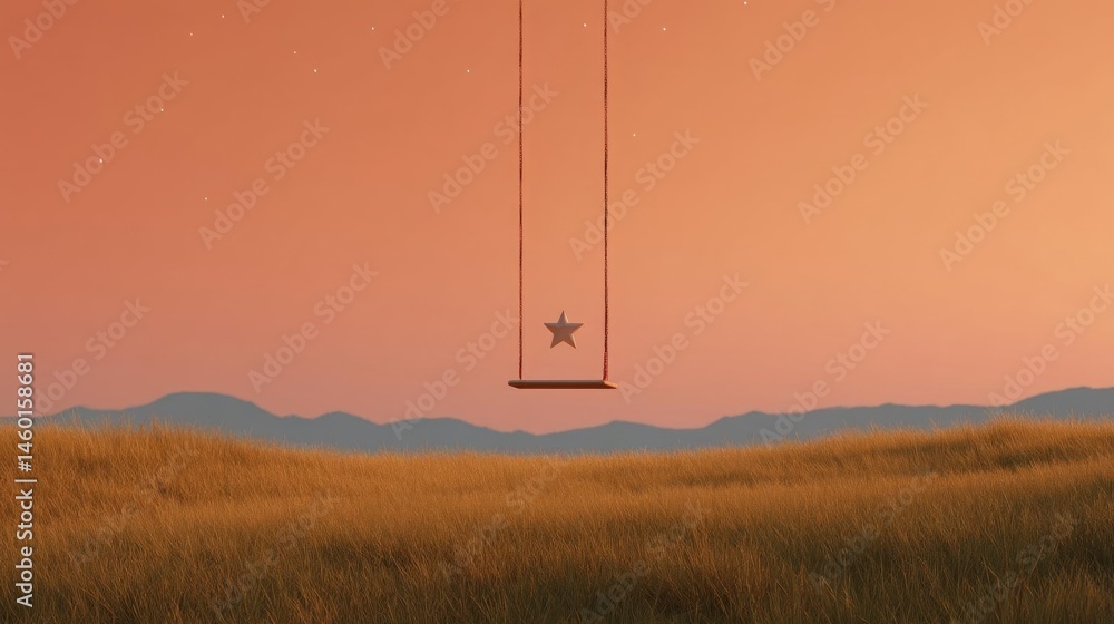 Poster swing hanging from a chain in the middle of a field. the swing is made of wood and has a small star 