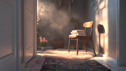 Sunlit Hallway Transition Serene Interior Design with Natural Light and Plants