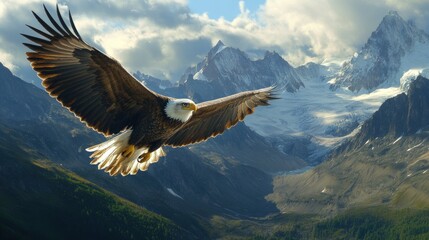 Majestic eagle soaring over a mountainous landscape.