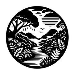 Black & White Papercut Landscape: River, Mountains, & Trees in Circle