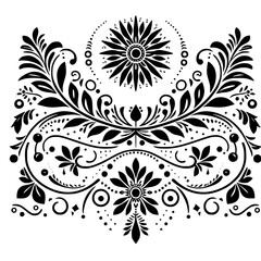 Floral Black & White Ornament Design, Elegant Symmetry, Vector Art
