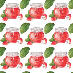 Watercolor seamless pattern with ripe strawberries and berry jam. Illustration for fabric and wrapping paper