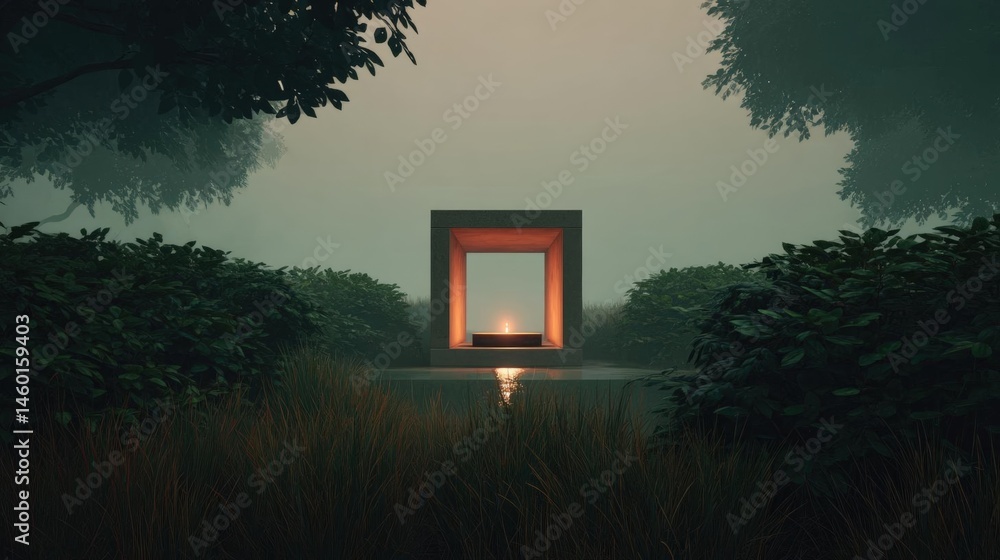 Poster small square-shaped structure in the middle of a foggy forest. the structure appears to be made of c