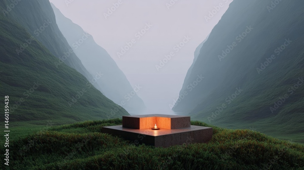 Poster beautiful landscape of a mountainous area with a small square-shaped structure in the center. the st