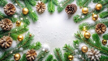 Fototapeta premium Winter Wonderland Border of Pine Branches, Golden Ornaments, and Snow for Festive Holiday Designs