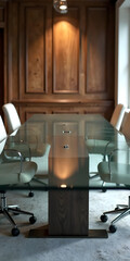 A minimalist, empty conference table setting with a clean glass surface, illuminated by soft, overhead office lighting with subtle, warm undertones. Depth of field focusing attention on the tabletop, 