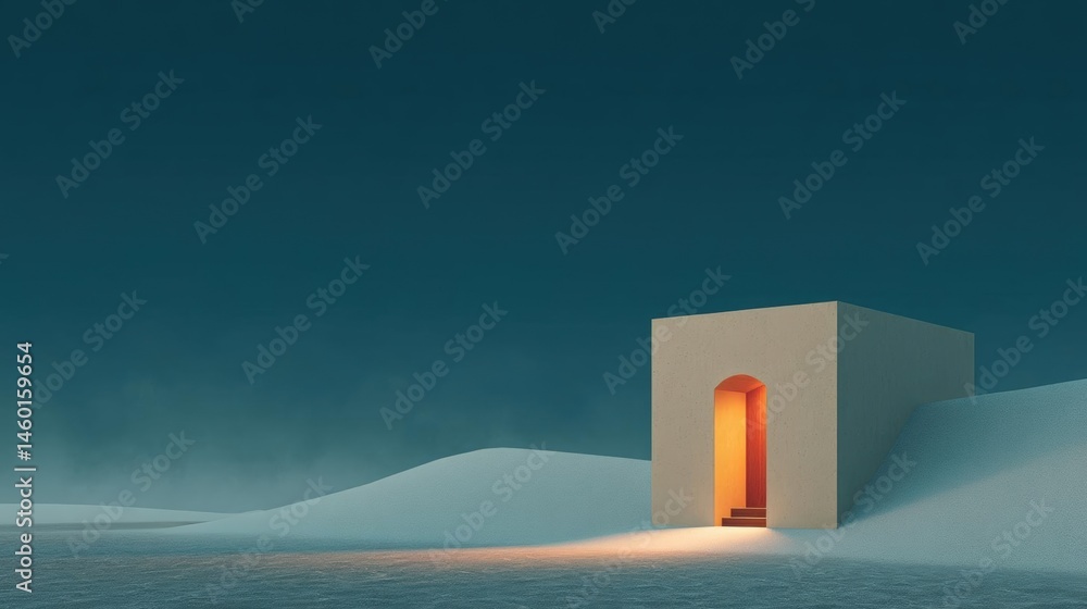 Poster small white building with an orange door in the middle of a desert-like landscape. the building appe