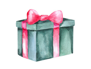 Watercolor illustration of bright gift box with pink bow isolated on white background. Present in wrapping paper for holiday design and sales