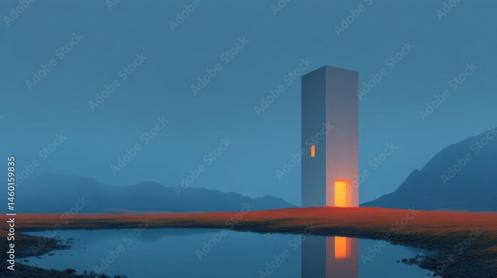 Poster digital illustration of a tall, rectangular structure in the middle of a vast landscape. the structu