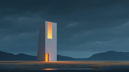 Tall, rectangular structure in the middle of a barren landscape. the structure appears to be made of concrete or stone and is illuminated by a single orange light.