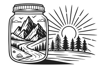 96 Black and white illustration, glass jar silhouette, screw-top lid, mountain landscape inside, rising sun, radiating sunbeams, reflection on water, trees, minimalist design, bold contrast, iconic im