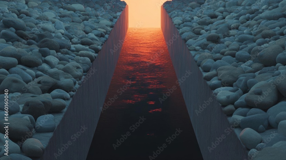 Poster long, narrow pathway that leads to the horizon. the pathway is made up of multiple layers of grey ro