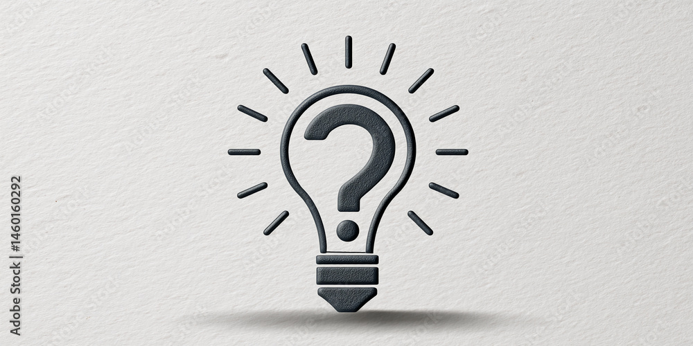 Poster dark gray question mark inside lightbulb graphic on textured white background, symbolizing inquiry, 