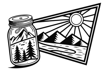 96 Black and white illustration, glass jar silhouette, screw-top lid, mountain landscape inside, rising sun, radiating sunbeams, reflection on water, trees, minimalist design, bold contrast, iconic im