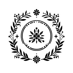 Minimalist Floral Wreath Illustration in Black and White, Vector Design